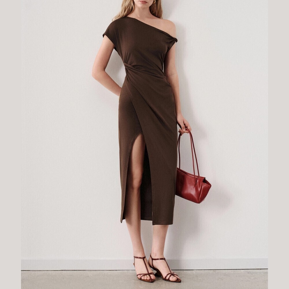 Brown Asymmetrical Neck Ruched Slit Off Shoulder Midi Dress